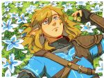  1boy armor artist_name blonde_hair blue_eyes blue_shirt champion&#039;s_tunic_(zelda) commentary ear_piercing english_commentary from_above highres inktober laenarra link looking_up lying medium_hair on_ground piercing pointy_ears shirt shoulder_armor sidelocks silent_princess solo_focus the_legend_of_zelda the_legend_of_zelda:_tears_of_the_kingdom 