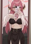  1girl absurdres aru_(blue_archive) blue_archive blush bra breasts brown_eyes cellphone clothes_lift collared_shirt covering_own_mouth halo highres holding holding_phone horns large_breasts long_hair long_sleeves masami_atabe mirror neck_ribbon phone pink_hair ribbon selfie shirt shirt_lift skirt smartphone solo sweat underwear very_long_hair 