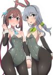  2girls adapted_costume animal_ears arm_warmers asagumo_(kancolle) ascot black_pantyhose blue_ascot braid breasts brown_hair comala_(komma_la) commentary_request cowboy_shot detached_collar fake_animal_ears green_ribbon green_scrunchie grey_eyes grey_leotard hair_ribbon highres holding_hands kantai_collection leotard long_hair multiple_girls neck_ribbon pantyhose playboy_bunny rabbit_ears rabbit_tail ribbon scrunchie sidelocks simple_background single_braid small_breasts tail twintails wavy_hair white_background wrist_cuffs yamagumo_(kancolle) 