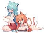 2girls ^^^ animal_ear_fluff animal_ears aqua_hair blue_eyes breasts cat_ears cat_girl cat_tail cleavage closed_eyes commentary english_commentary hair_between_eyes heart huge_breasts kaptivate looking_at_viewer lying multiple_girls multiple_tails on_stomach original red_skirt simple_background skirt sucking_another&#039;s_tail tail white_background 