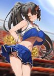  1girl bare_shoulders black_hair cheerleader crop_top crop_top_overhang enjo_kouhai highres holding holding_pom_poms long_hair looking_at_viewer midriff navel origamine_ouka pom_pom_(cheerleading) ponytail solo stomach takunomi very_long_hair 