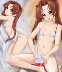  1girl :p barefoot bikini black_ribbon brown_eyes brown_hair corn_dog cup disposable_cup drinking_straw flat_chest from_above girls_und_panzer hair_ribbon halterneck highres indian_style kadotani_anzu long_hair looking_at_viewer lying multiple_views navel on_bed on_side parted_bangs ribbon side-tie_bikini_bottom sitting smile swimsuit tongue tongue_out twintails white_bikini yoyokkun 