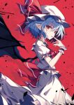  1girl absurdres ascot bat_wings dress feet_out_of_frame grey_hair hat highres looking_at_viewer mob_cap pink_dress pointy_ears red_ascot red_background red_eyes remilia_scarlet short_hair short_sleeves solo touhou upper_body vampire wings wrist_cuffs yamanakaume 