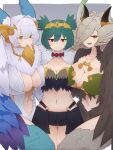  3girls ancient_world_harpy_(granblue_fantasy) bird_legs black_feathers black_wings blue_feathers blue_pupils blush breasts cleavage commission elil_(granblue_fantasy) feathered_wings feathers granblue_fantasy green_eyes green_feathers green_hair hair_over_one_eye harpy head_wings highres horns indie_virtual_youtuber large_breasts lincoro long_hair looking_at_viewer medium_breasts midriff monster_girl multiple_girls navel no_tattoo open_mouth pointy_ears red_eyes short_hair short_twintails skeb_commission smile textless_version tiara twintails virtual_youtuber white_hair white_wings winged_arms wings yellow_eyes yonaga_san 