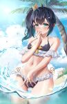  1girl ahoge aqua_eyes aqua_hair ass_visible_through_thighs bare_shoulders beach bikini black_bikini black_hair breasts cloud cowboy_shot eyelashes fish frilled_bikini frills green_eyes hair_ornament hair_ribbon hairclip highres lil_noot looking_at_viewer medium_hair multicolored_hair navel ocean open_mouth original outdoors palm_tree parted_lips penguin_hair_ornament ribbon shiny_skin side_ponytail sign sky small_breasts solo sunlight swimsuit thigh_gap thighs tree twitter_username two-tone_hair wading watermark wet wet_clothes yellow_ribbon 