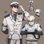  2boys absurdres anger_vein angry arm_behind_back auto_(wall-e) black_necktie bowl_cut character_name closed_mouth coat collared_shirt colored_eyepatch etceteraart eyepatch grey_background grey_shirt grimace highres m-o male_focus military_uniform multiple_boys necktie personification red_eyes reference_inset shirt uniform vacuum_cleaner wall-e white_coat yellow_eyes 