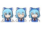  1girl absurdres anya&#039;s_heh_face_(meme) black_eyes blue_bow blue_dress blue_eyes blue_hair blush blush_stickers bow bowtie cirno closed_mouth collared_shirt dress expressions hair_between_eyes hands_on_own_hips highres looking_to_the_side looking_up meme miz_(mizillustration) multiple_views one-hour_drawing_challenge parody parororo puffy_short_sleeves puffy_sleeves red_bow red_bowtie shirt short_hair short_sleeves simple_background sketch smile smug spy_x_family surprised teeth the_memories_of_phantasm touhou upper_body v-shaped_eyebrows white_background 