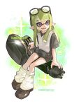  1girl black-framed_eyewear c0_mai commentary commission eyewear_on_head full_body glasses green_background green_hair highres inkling inkling_girl inkling_player_character long_hair nautilus_(splatoon) open_mouth pointy_ears purple_eyes sitting smile solo splatoon_(series) splatoon_3 teeth tentacle_hair two-tone_background watermark white_background 