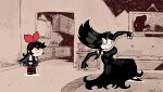  2girls :3 black_dress bow chibi couch detached_sleeves dress hair_bow hairband highres indoors long_sleeves looking_at_viewer marge_simpson meme multiple_girls nosferatu_(movie) noss_(rariatto) original painting_(object) pantyhose rariatto_(ganguri) red_bow red_hairband red_pantyhose simpsons striped striped_pantyhose wavy_mouth wide-eyed zakuro_(rariatto) 