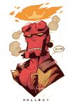  1boy absurdres brown_jacket cigar colored_skin crown demon english_text fire hellboy hellboy_(comic) highres horns jacket male_focus open_clothes open_jacket rariatto_(ganguri) red_skin shirt smoking speech_bubble torn_clothes torn_shirt twitter_username upper_body white_background yellow_eyes 