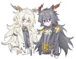  2boys arknights ascot black_hair black_jacket chinese_commentary closed_mouth collared_shirt commentary_request ebenholz_(arknights) epaulettes fringe_trim grey_shirt hair_between_eyes highres horns jacket jiekuijiangshadaonijiamenkou kreide_(arknights) long_hair long_sleeves male_focus multiple_boys no_nose open_clothes open_jacket purple_eyes shirt simple_background smile white_ascot white_background white_hair white_jacket yellow_pupils 