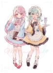  2girls adapted_costume apron black_bow black_bowtie blue_dress bow bowtie dress food green_eyes green_hair heart highres holding holding_tray ice_cream komeiji_koishi komeiji_satori maid maid_apron maid_headdress multiple_girls nig_18 pink_bow pink_bowtie pink_eyes pink_hair smile sundae touhou tray waitress white_apron yellow_dress 