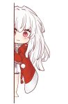  1girl :3 against_wall barefoot blush chibi clara_(honkai:_star_rail) coat highres honkai:_star_rail honkai_(series) long_hair red_coat red_eyes simple_background solo thigh_strap user_uecy3552 very_long_hair white_background white_hair 