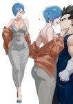  1boy 1girl black_hair blue_eyes blue_hair blush breasts bulma cleavage covered_navel dongtan_dress dragon_ball dragon_ball_super dress gloves grey_dress highres large_breasts meme_attire nia_(nia4294) open_mouth short_hair simple_background sleeveless_turtleneck_dress smile spiked_hair vegeta white_background white_gloves 