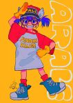  1girl baseball_cap blue_eyes blue_hair character_name child clothes_writing commentary_request dr._slump glasses gloves hat highres looking_at_viewer mago_oowarawa norimaki_arale oversized_clothes oversized_shirt salute shirt shoes short_hair short_sleeves short_twintails signature simple_background smile sneakers socks solo teeth twintails winged_hat 