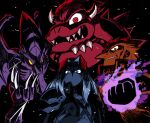  2boys absurdres bowser claws clenched_hand crossed_arms evil_smile fangs final_fantasy final_fantasy_vii ganondorf glaring glowing_fist highres horns long_hair male_focus mario_(series) metroid multiple_boys rariatto_(ganguri) ridley sephiroth shaded_face sharp_teeth smile sparkle spiked_shell super_smash_bros. teeth the_legend_of_zelda the_legend_of_zelda:_ocarina_of_time wings 