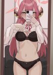  1girl absurdres aru_(blue_archive) blue_archive blush bra breasts brown_eyes cellphone clothes_lift collared_shirt covering_own_mouth halo highres holding holding_phone horns large_breasts long_hair long_sleeves masami_atabe mirror navel neck_ribbon panties phone pink_hair ribbon selfie shirt shirt_lift smartphone solo sweat underwear very_long_hair 