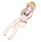  1girl aa211108 bare_arms bare_legs bare_shoulders barefoot bikini black_bikini blonde_hair blush breasts collarbone dot_mouth dot_nose dutch_angle full_body hands_on_own_crotch idolmaster idolmaster_million_live! idolmaster_million_live!_theater_days large_breasts long_hair looking_to_the_side momose_rio navel parted_bangs shy sidelocks simple_background sitting solo straight_hair swimsuit white_background 