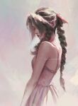  1girl aerith_gainsborough aleksandra_skiba braid breasts brown_hair closed_eyes dress final_fantasy final_fantasy_vii hair_ribbon highres long_hair parted_bangs pink_dress ribbon simple_background 