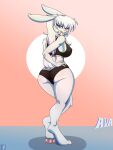 anthro avalugg_(artist) breasts buckteeth butt clothing female fur hair hand_on_hip hi_res lagomorph leporid long_ears long_feet looking_back mammal pink_nose rabbit shadow side_boob simple_background teeth underwear unnamed_character white_body white_fur white_hair