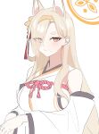  1girl absurdres animal_ears blonde_hair blue_archive character_request extra_ears eyeliner hair_over_one_eye halo highres makeup mole mole_under_mouth mutsu_6256 orange_eyes orange_halo red_eyeliner red_rope robe rope simple_background solo upper_body white_background white_robe 