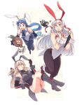  1boy 5girls adapted_costume admiral_(kancolle) animal_ears bismarck_(kancolle) black_gloves black_leotard black_pantyhose blonde_hair blue_eyes blue_hair blush boots breasts cup detached_sleeves elbow_gloves fake_animal_ears fake_tail gloves highres kantai_collection large_breasts leotard long_hair miniboy minigirl multiple_girls open_mouth pantyhose playboy_bunny rabbit_ears rabbit_tail shoukaku_(kancolle) small_breasts smile tail tailcoat teacup tray warspite_(kancolle) weidashming white_hair white_leotard zuikaku_(kancolle) 