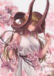  159cm 1girl :d animal_ears arm_behind_back bare_arms bare_shoulders blonde_hair blush branch breasts brown_horns cherry_blossoms closed_mouth coat cowboy_shot curled_horns dress falling_petals fingernails flower glan_(159cm) hand_up horns long_hair looking_at_viewer original petals pink_flower sleeveless sleeveless_dress smile solo spring_(season) white_background white_dress wind yellow_eyes 