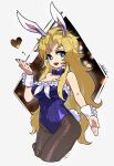  1girl animal_ears blonde_hair blue_eyes breasts dated emilia_(saga_frontier) fake_animal_ears fishnet_pantyhose fishnets hcsb leotard long_hair looking_at_viewer nail_polish open_mouth pantyhose playboy_bunny rabbit_ears saga saga_frontier smile solo 