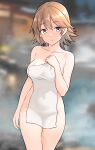  1girl blurry blurry_background breasts brown_hair collarbone covered_navel covering_privates flipped_hair furaggu_(frag_0416) grey_hair hiei_(kancolle) highres kantai_collection large_breasts naked_towel nude_cover onsen short_hair solo standing towel white_towel 