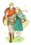  1boy 1girl ^_^ absurdres armor belt blonde_hair blue_capelet blue_dress book boots braid breastplate brown_eyes brown_footwear cape capelet chinese_commentary chuangtianchuang closed_eyes commentary_request dress dungeon_meshi elf falling_leaves faulds floating_hair full_body gorget grey_footwear hand_on_another&#039;s_shoulder highres holding holding_book index_finger_raised knee_boots laios_touden leaf long_hair marcille_donato open_mouth pants pointy_ears red_cape sandals short_hair side-by-side smile sword twin_braids walking weapon white_pants wind 