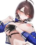  1girl ai-generated azur_lane baltimore_(azur_lane) baltimore_(finish_line_flagbearer)_(azur_lane) blue_jacket blush breast_hold breasts brown_hair chest_harness choker cropped_jacket dt_psyki gloves harness highres jacket large_breasts nipples official_alternate_costume puffy_nipples race_queen short_hair swimsuit yellow_eyes 