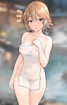  1girl blurry blurry_background breasts brown_hair collarbone covered_navel covered_nipples covering_privates female_pubic_hair flipped_hair furaggu_(frag_0416) grey_hair hiei_(kancolle) highres kantai_collection large_breasts naked_towel nude_cover onsen pubic_hair see-through short_hair solo standing towel white_towel 