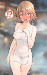  !? 1girl blurry blurry_background blush breasts brown_hair collarbone covered_navel covered_nipples covering_privates female_pubic_hair flipped_hair full-face_blush furaggu_(frag_0416) grey_hair hiei_(kancolle) highres kantai_collection large_breasts naked_towel nude_cover onsen pubic_hair see-through short_hair solo speech_bubble spoken_interrobang standing surprised towel white_towel 