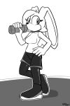 2024 5_fingers absurd_res anthro bodily_fluids bottle bottomwear clothing container drinking felino female fingers floppy_ears greyscale hair hand_on_hip hi_res lagomorph leggings legwear leporid looking_at_viewer mammal monochrome open_mouth rabbit running_shoes shirt shorts solo sweat tank_top topwear water_bottle