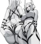  1girl abs aelion_draws animal_ears ass back bare_shoulders black_tape_project boku_no_hero_academia breasts hair_over_shoulder hand_on_own_ass highres large_breasts long_eyelashes long_hair looking_at_viewer mirko mole mole_on_thigh mole_under_breast monochrome multiple_views naked_tape navel navel_piercing parted_bangs pasties piercing rabbit_ears rabbit_girl rabbit_tail red_eyes simple_background smile spot_color stomach tail tape tape_on_nipples tape_on_pussy thick_thighs thighs toned white_background 