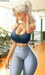  1girl abs absurdres bare_shoulders blurry blurry_background blush breasts brown_eyes cleavage curvy exercise_machine gym high_ponytail highleg highres large_breasts lee_yena long_hair looking_to_the_side mature_female midriff open_mouth original pants robocap solo sports_bra sweatdrop treadmill white_hair window yoga_pants 