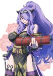  1girl bare_shoulders breasts camilla_(fire_emblem) camilla_(ninja)_(fire_emblem) choker detached_sleeves fire_emblem fire_emblem_fates fire_emblem_heroes forehead_protector gwine_55 hair_over_one_eye high_ponytail highres holding holding_scroll japanese_clothes kunai large_breasts long_hair looking_at_viewer ninja official_alternate_costume official_alternate_hairstyle parted_lips pelvic_curtain ponytail purple_choker purple_eyes purple_hair purple_nails scroll solo very_long_hair weapon 