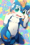 2020 anthro black_nose blue_body blue_fur blush blushing_at_viewer chest_tuft cute_fangs digital_media_(artwork) fur glistening glistening_eyes green_eyes inner_ear_fluff ko-gami looking_at_viewer mammal multicolored_arms multicolored_body multicolored_thighs navel open_mouth solo text tuft wavy_mouth white_body white_fur white_inner_ear_fluff