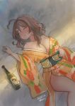  1girl bottle breasts brown_hair chougei_(kancolle) cleavage commentary_request drunk feet_out_of_frame floral_print hair_ornament hair_rings hairclip highres japanese_clothes kantai_collection kimono kirisawa_juuzou large_breasts long_hair lying off_shoulder on_back sake_bottle sleeping solo whale_hair_ornament yellow_kimono 