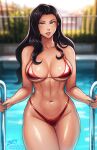  1girl asami_sato avatar_legends bikini black_hair blurry blurry_background breasts cleavage eyeshadow green_eyes highres iahfy large_breasts long_hair looking_at_viewer makeup navel parted_lips pool pool_ladder red_bikini red_lips solo stomach swimsuit the_legend_of_korra thighs toned water wavy_hair wet 