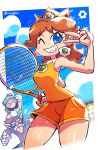  &gt;_&lt; 1girl 2boys :d absurdres blue_eyes blue_sky blush blush_stickers brown_hair cowboy_shot crown day earrings facial_hair flower_earrings gloves halftone hand_up highres jewelry luigi mario_(series) mario_tennis medium_hair multiple_boys mustache official_alternate_costume one_eye_closed open_mouth orange_shorts outdoors princess_daisy racket rariatto_(ganguri) shorts sky smile solo_focus sportswear tennis_racket tennis_uniform twitter_username v v_over_eye visor_cap waluigi white_gloves 