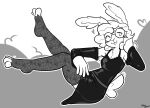 2024 3_toes anthro blush breasts buckteeth chest_tuft cleavage clothed clothing dress feet felino female fishnet_stockings greyscale hair hand_on_leg hand_on_thigh heart_symbol hi_res lagomorph leporid looking_at_viewer mammal monochrome one_eye_closed pose rabbit smile solo tail teeth toeless_legwear toeless_stockings toes tuft wink