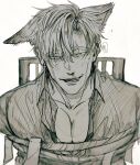  1boy absurdres animal_ears bound chair collarbone collared_shirt fangs highres jujutsu_kaisen looking_at_viewer male_focus nanami_kento nekonii pectorals rope shirt short_hair sitting sketch tied_up_(nonsexual) wolf_boy wolf_ears 