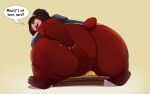 2024 anthro baldur_(shenzel) bear big_butt breasts brown_body bullying butt clothed clothing dialogue dominant dominant_female english_text eyes_closed facesitting female hair hi_res hoodie huge_butt looking_back lying mammal on_back open_mouth pantsless shenzel short_tail simple_background sitting_on_another size_difference speech_bubble tail text thick_thighs topwear wide_hips