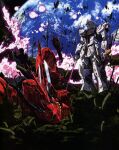  1980s_(style) after_battle asteroid axis_(gundam) battle beam_saber char&#039;s_counterattack damaged debris dirty duel earth_(planet) energy explosion gundam kawamoto_toshihiro key_visual machinery mecha mobile_suit no_humans nu_gundam official_art planet promotional_art retro_artstyle robot sazabi scan science_fiction shield spoilers traditional_media v-fin victory weapon wreckage 
