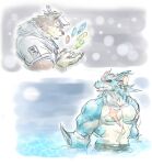 abs absurd_res anthro blue_body brown_body brown_fur caffeinecanine canid canine canis crystal domestic_dog dragon duo fur hi_res hydoor lifewonders live_a_hero male mammal muscular muscular_anthro muscular_male mythological_creature mythological_scalie mythology partially_submerged pecs pool pubraseer red_eyes sailor_uniform scalie scar water