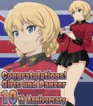  1girl anniversary black_footwear black_skirt blonde_hair blue_eyes boots braid closed_mouth commentary_request congratulations copyright_name cup darjeeling_(girls_und_panzer) english_text flag_background girls_und_panzer highres holding holding_cup holding_saucer jacket knee_boots long_sleeves looking_to_the_side military_uniform miniskirt partial_commentary pleated_skirt red_jacket saucer short_hair skirt smile solo st._gloriana&#039;s_military_uniform standing teacup twin_braids uniform union_jack yoyokkun zoom_layer 