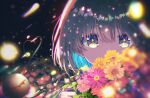  1girl bangs blurry blurry_edges covering_mouth covering_nose depth_of_field eye_reflection eyelashes flower garden green_eyes hair_between_eyes heart heart_of_string highres holding holding_flower komeiji_koishi leaf light_rays looking_at_viewer night pink_flower red_flower reflection short_hair solo sparkle straight_hair subterranean_animism third_eye touhou uroam yellow_flower 