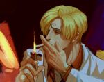  1boy absurdres blonde_hair cigarette closed_eyes curly_eyebrows facial_hair fire formal hair_over_one_eye highres holding holding_cigarette holding_lighter jacket lighter lighting_cigarette long_sleeves one_piece red_shirt rita_ya sanji_(one_piece) shirt short_hair watch white_jacket wristwatch 