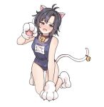  1girl aa211108 animal_costume animal_ears animal_hands antenna_hair bell blush breasts cat_ears cat_feet cat_paws cat_tail choker dot_nose embarrassed fang forehead full-face_blush full_body hand_on_ground hand_up idolmaster idolmaster_(classic) idolmaster_million_live! idolmaster_million_live!_theater_days kikuchi_makoto kneeling looking_at_viewer name_tag neck_bell open_mouth parted_bangs paw_pose red_choker school_swimsuit short_hair shy sidelocks simple_background small_breasts solo swimsuit tail tail_bell tail_ornament white_background 